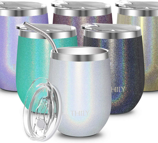12Oz Insulated Stainless Steel Wine Tumbler with Sliding Lid & Straw - Stemless Travel Cup for Coffee, Cocktails, Beer - Cold Drinks - Glitter White - RELUX.STORE