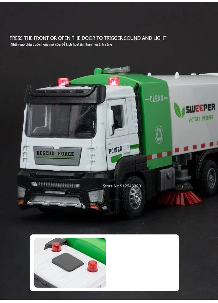 “1:32 Water Spray Fire Truck Model Toy – Pull Back Sound & Light Rescue Vehicle, Open Doors, Sweeper Car Collectible for Kids Gifts” - RELUX.STORE