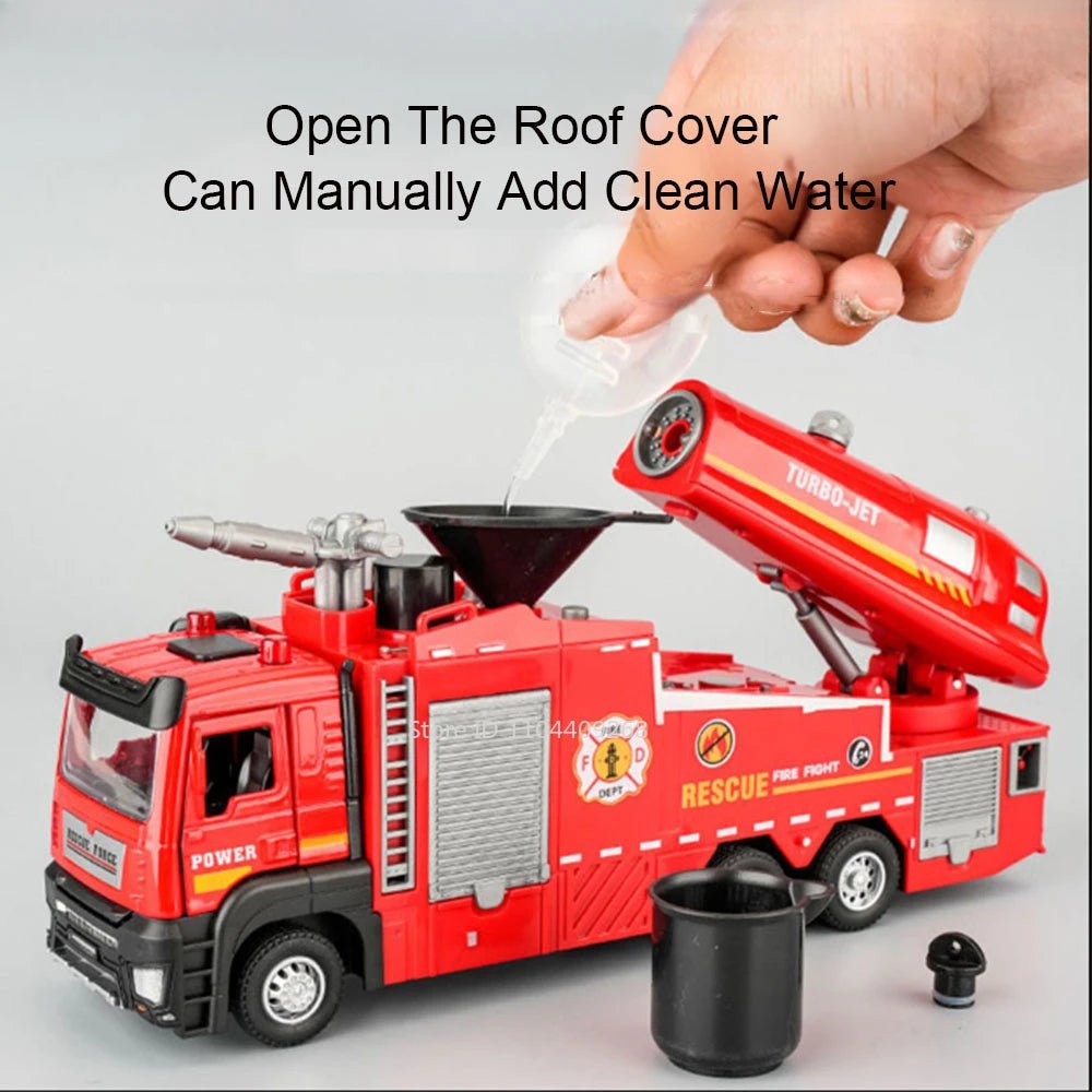 “1:32 Water Spray Fire Truck Model Toy – Pull Back Sound & Light Rescue Vehicle, Open Doors, Sweeper Car Collectible for Kids Gifts” - RELUX.STORE