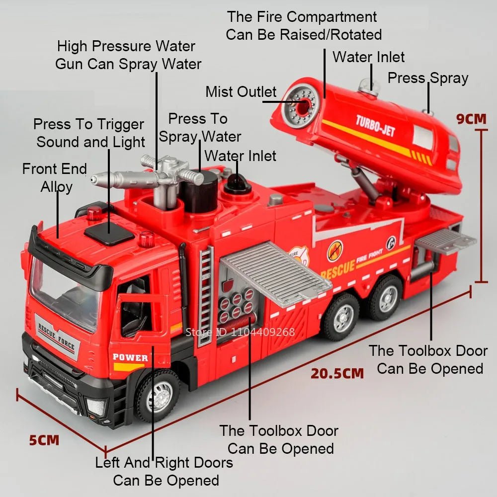 “1:32 Water Spray Fire Truck Model Toy – Pull Back Sound & Light Rescue Vehicle, Open Doors, Sweeper Car Collectible for Kids Gifts” - RELUX.STORE