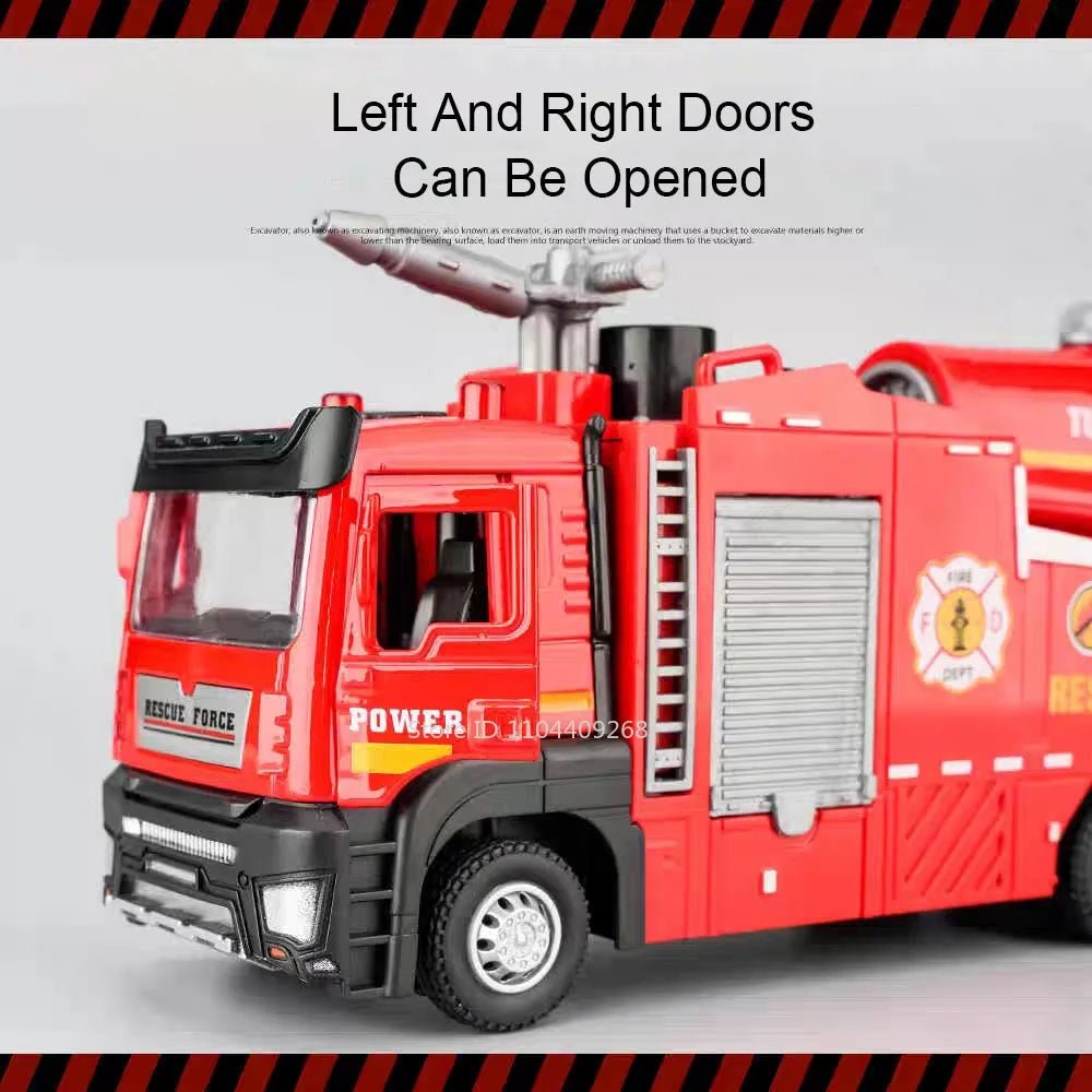 “1:32 Water Spray Fire Truck Model Toy – Pull Back Sound & Light Rescue Vehicle, Open Doors, Sweeper Car Collectible for Kids Gifts” - RELUX.STORE