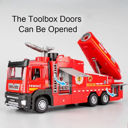 “1:32 Water Spray Fire Truck Model Toy – Pull Back Sound & Light Rescue Vehicle, Open Doors, Sweeper Car Collectible for Kids Gifts” - RELUX.STORE