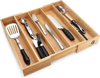Silverware Tray for Drawer Organizer,Kitchen Drawer Organizer,Cutlery Organizer in Drawer, Flatware Silverware Holder, Expandable Adjustable Wooden Dividers (5-Slots)