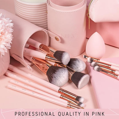 15 - Piece Pink Makeup Brush Set with Case – Award Winning Beauty Brushes with Makeup Sponge, Brush Cleaner, Guide & Gift Box – Professional Kabuki Foundation, Eyeshadow & Blending Brushes for Women & Girls - RELUX.STORE
