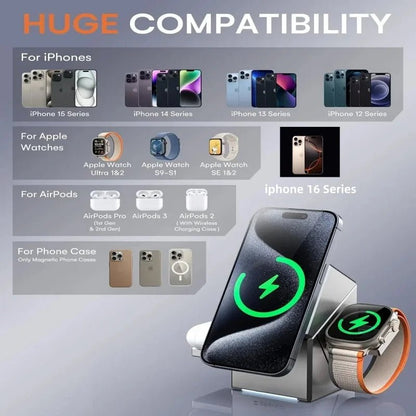 "15W Qi2 3 - in - 1 Magnetic Wireless Charger – Touch Auto - Rotation Magsafe Dock for iPhone, Android, iWatch & AirPods Fast Charging" - RELUX.STORE