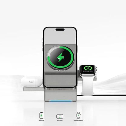 "15W Qi2 3 - in - 1 Magnetic Wireless Charger – Touch Auto - Rotation Magsafe Dock for iPhone, Android, iWatch & AirPods Fast Charging" - RELUX.STORE