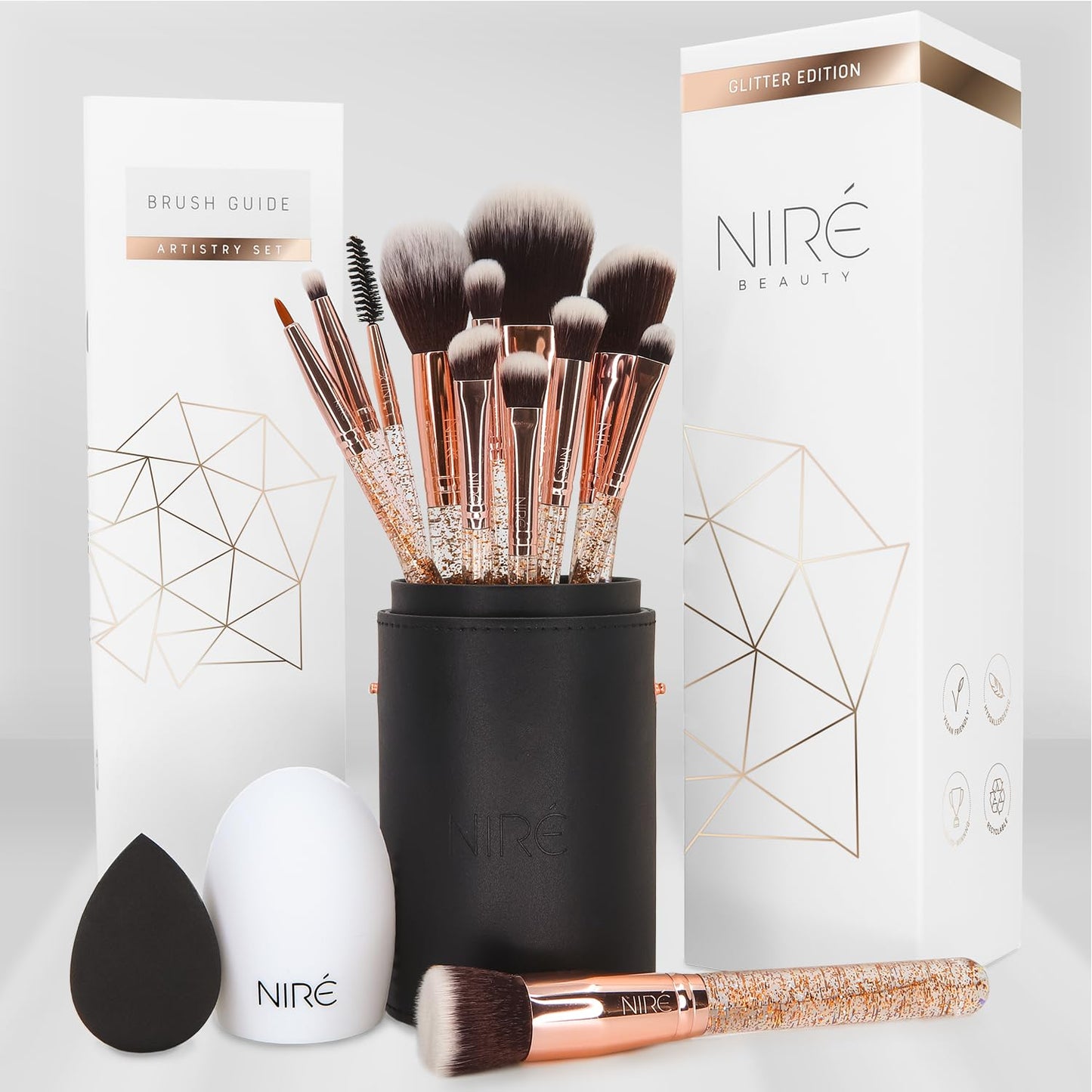 Beauty 15Piece Award Winning Pink Makeup Brushes: Pink Makeup Brush Set with Case, Makeup Sponge, Brush Cleaner, Guide, Gift Box
