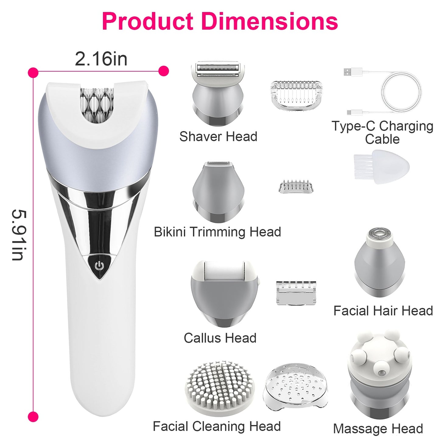 7 In 1 Electric Razor For Women Lady Hair Removal Epilators For Leg Face Arm Bikini Armpit Public Hairs IPX6 Wet And Dry Use Cordless Rechargeable Whole Body Trimmer And Shaver Kit