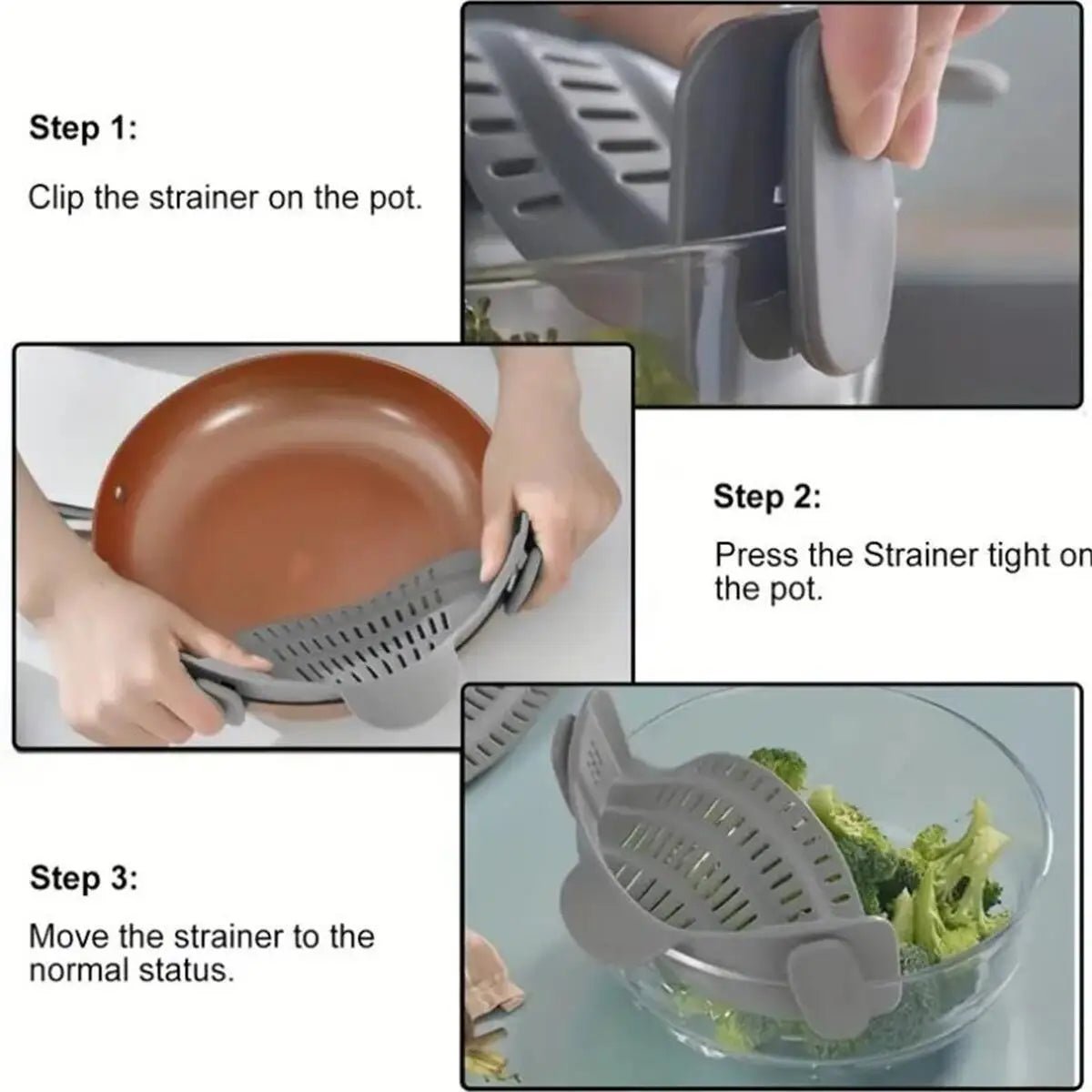 1pc Adjustable Silicone Clip - On Strainer for Pots, Pans, and Bowls - Handheld Drainer for Noodles, Pasta - RELUX.STORE