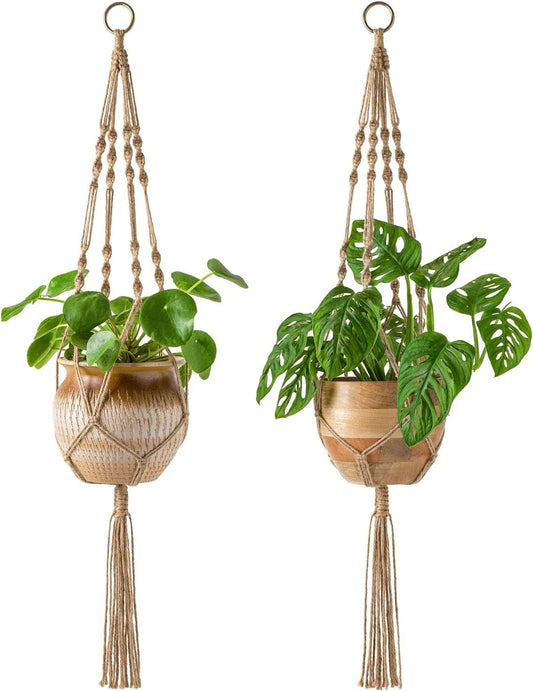 2 - Pack Macrame Plant Hangers 40” – Indoor & Outdoor Hanging Planter Basket, 4 - Leg Jute Rope Flower Pot Holder, Boho Home Decor (Brown) - RELUX.STORE