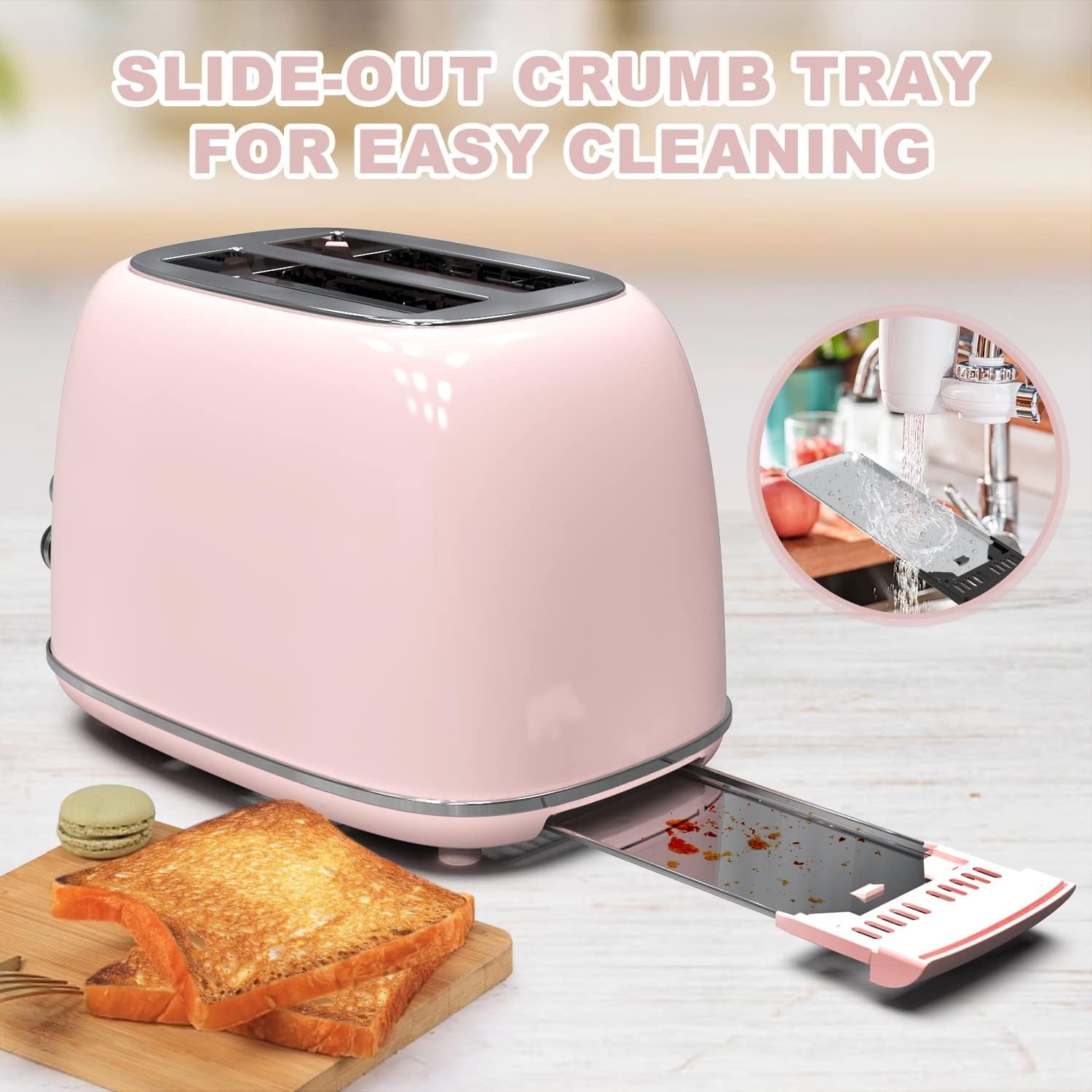 2 - Slice Retro Toaster | Stainless Steel Toaster with Extra - Wide Slots, 6 Browning Settings, Bagel & Defrost Functions – Baby Pink - RELUX.STORE