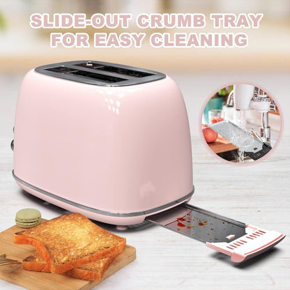 2 - Slice Retro Toaster | Stainless Steel Toaster with Extra - Wide Slots, 6 Browning Settings, Bagel & Defrost Functions – Baby Pink - RELUX.STORE