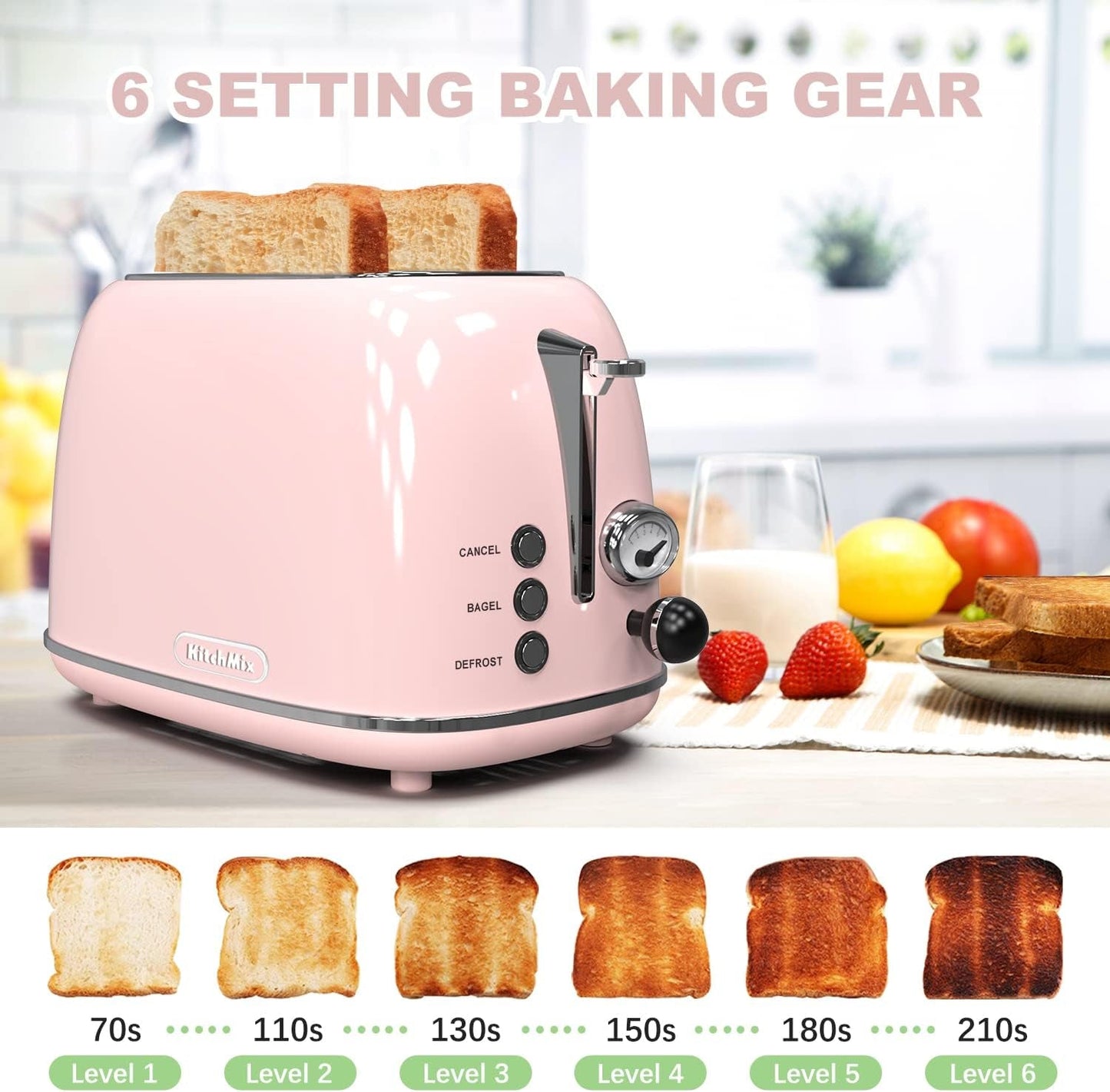 2 - Slice Retro Toaster | Stainless Steel Toaster with Extra - Wide Slots, 6 Browning Settings, Bagel & Defrost Functions – Baby Pink - RELUX.STORE