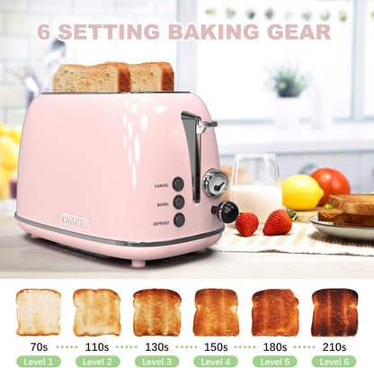 2 - Slice Retro Toaster | Stainless Steel Toaster with Extra - Wide Slots, 6 Browning Settings, Bagel & Defrost Functions – Baby Pink - RELUX.STORE