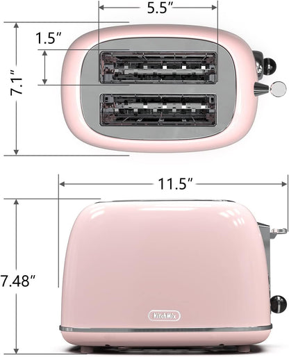 2 - Slice Retro Toaster | Stainless Steel Toaster with Extra - Wide Slots, 6 Browning Settings, Bagel & Defrost Functions – Baby Pink - RELUX.STORE