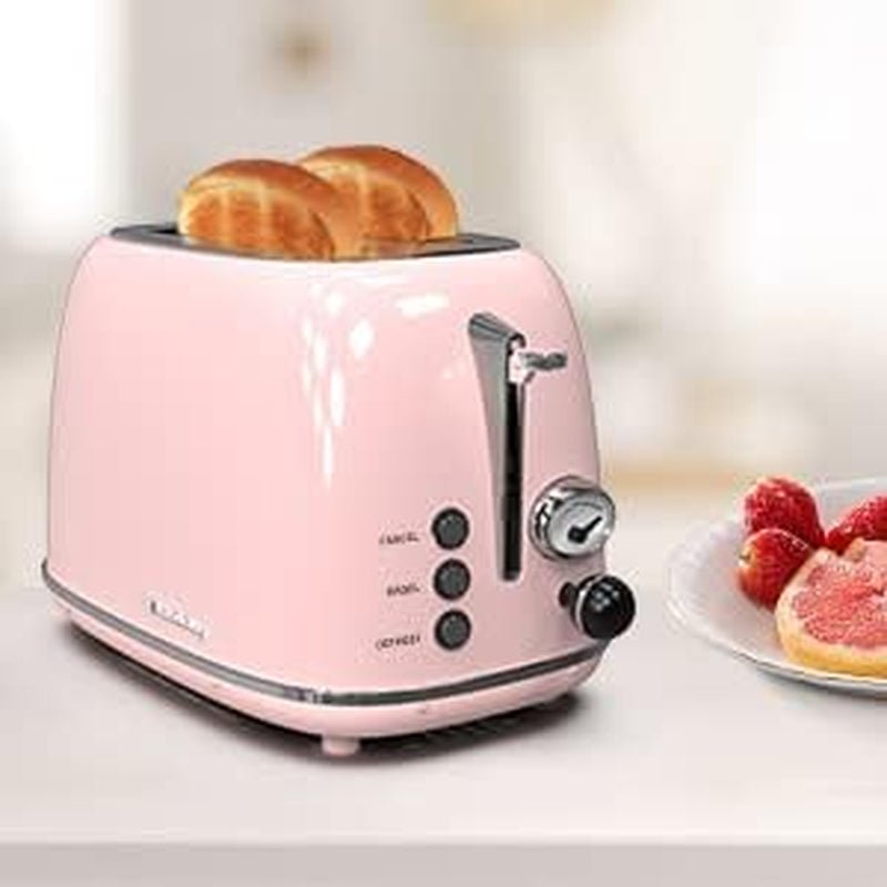 2 - Slice Retro Toaster | Stainless Steel Toaster with Extra - Wide Slots, 6 Browning Settings, Bagel & Defrost Functions – Baby Pink - RELUX.STORE