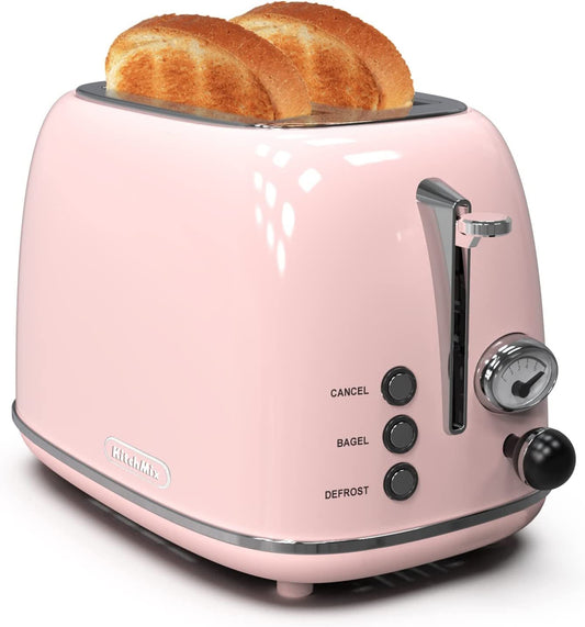 2 - Slice Retro Toaster | Stainless Steel Toaster with Extra - Wide Slots, 6 Browning Settings, Bagel & Defrost Functions – Baby Pink - RELUX.STORE