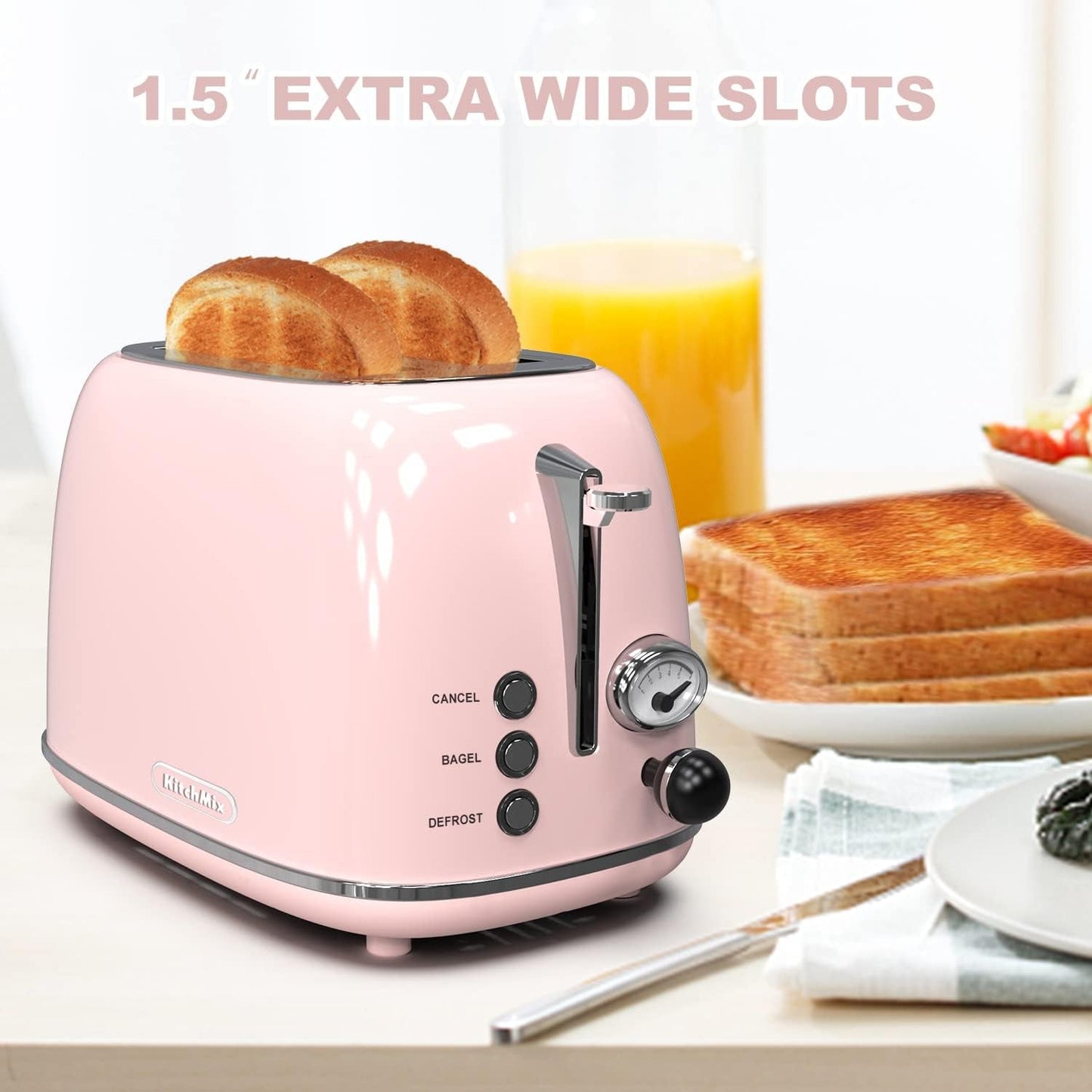 2 - Slice Retro Toaster | Stainless Steel Toaster with Extra - Wide Slots, 6 Browning Settings, Bagel & Defrost Functions – Baby Pink - RELUX.STORE