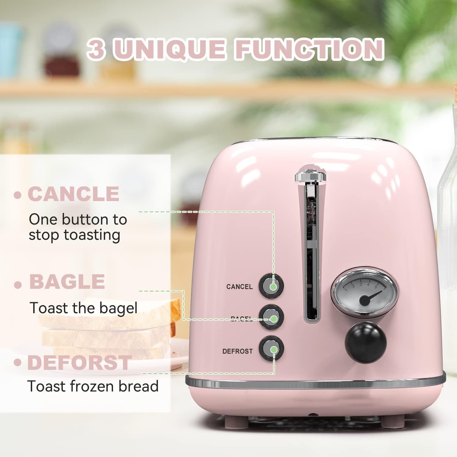 2 - Slice Retro Toaster | Stainless Steel Toaster with Extra - Wide Slots, 6 Browning Settings, Bagel & Defrost Functions – Baby Pink - RELUX.STORE