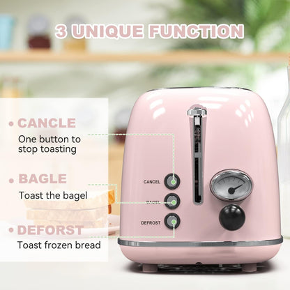 2 - Slice Retro Toaster | Stainless Steel Toaster with Extra - Wide Slots, 6 Browning Settings, Bagel & Defrost Functions – Baby Pink - RELUX.STORE