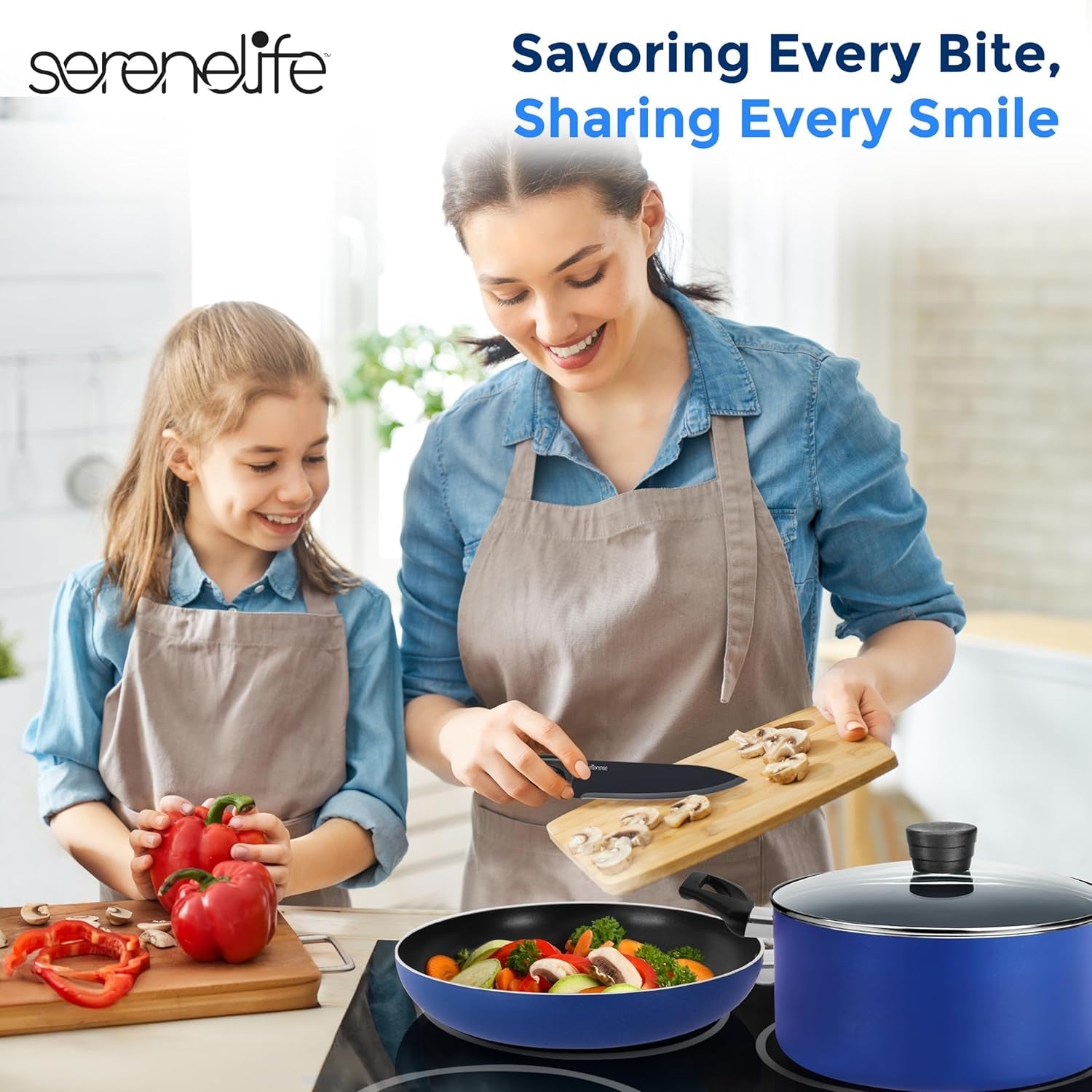 20 - Piece Blue Cookware and Knives Set - Includes Multi - Sized Nonstick Pots and Pans with Lids and Utensils, Heat Resistant, Dishwasher Safe - RELUX.STORE
