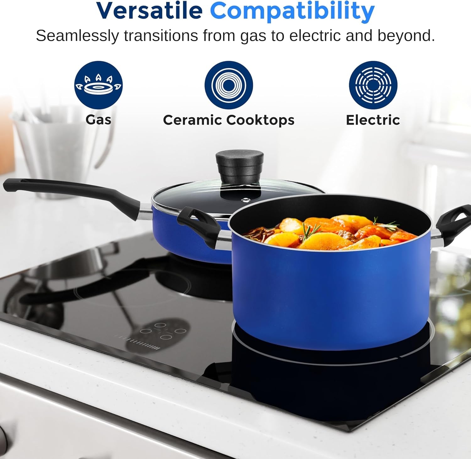 20 - Piece Blue Cookware and Knives Set - Includes Multi - Sized Nonstick Pots and Pans with Lids and Utensils, Heat Resistant, Dishwasher Safe - RELUX.STORE