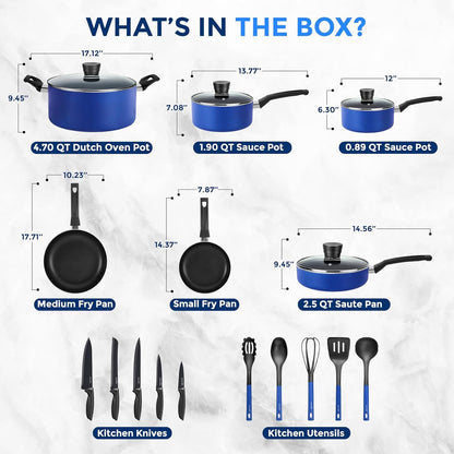 20 - Piece Blue Cookware and Knives Set - Includes Multi - Sized Nonstick Pots and Pans with Lids and Utensils, Heat Resistant, Dishwasher Safe - RELUX.STORE