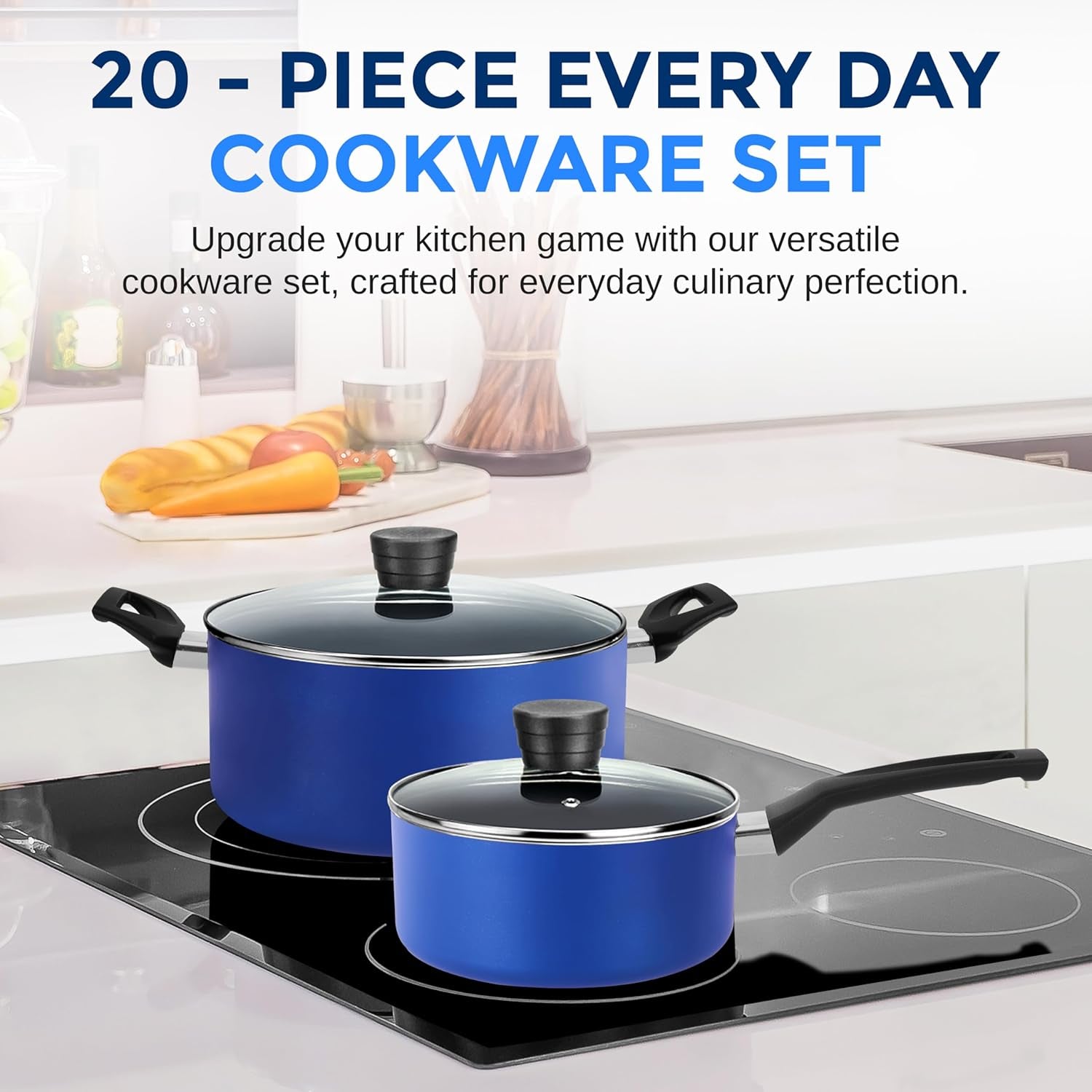 20 - Piece Blue Cookware and Knives Set - Includes Multi - Sized Nonstick Pots and Pans with Lids and Utensils, Heat Resistant, Dishwasher Safe - RELUX.STORE