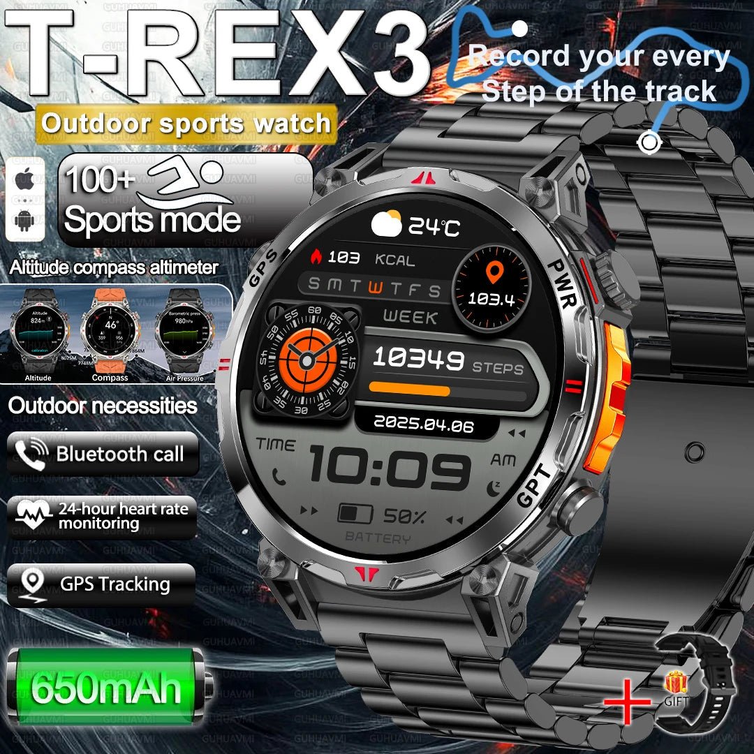 2025 New Military AMOLED HD SmartWatch 650Mah Battery GPS Compass 5ATM Waterproof Tactics 100+ Sport BT call Smart Watch For Men - RELUX.STORE