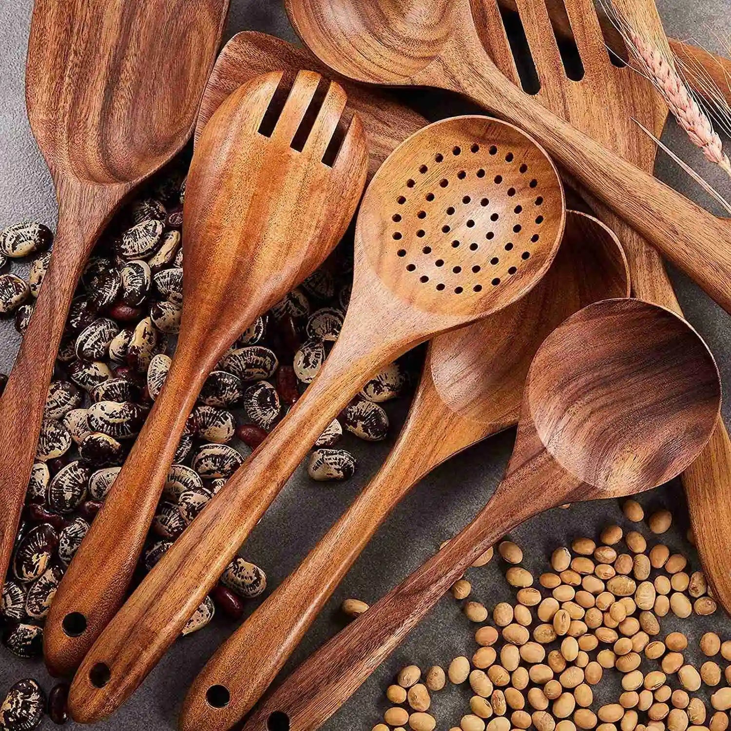 2025+Wooden Kitchen Utensils Set,9 Pcs Wooden Spoons for Cooking,Wooden Cooking Utensils,Wooden Spoons for Non - Stick Pan - RELUX.STORE