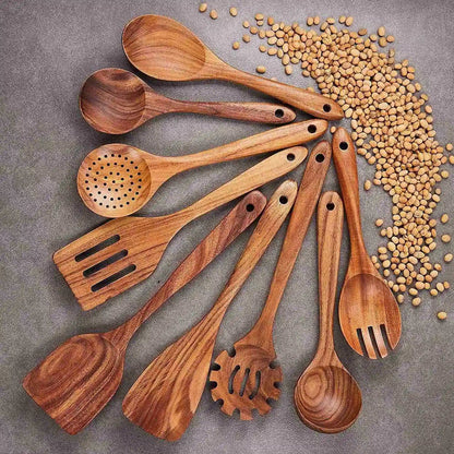2025+Wooden Kitchen Utensils Set,9 Pcs Wooden Spoons for Cooking,Wooden Cooking Utensils,Wooden Spoons for Non - Stick Pan - RELUX.STORE