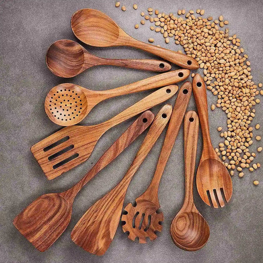 2025+Wooden Kitchen Utensils Set,9 Pcs Wooden Spoons for Cooking,Wooden Cooking Utensils,Wooden Spoons for Non - Stick Pan - RELUX.STORE