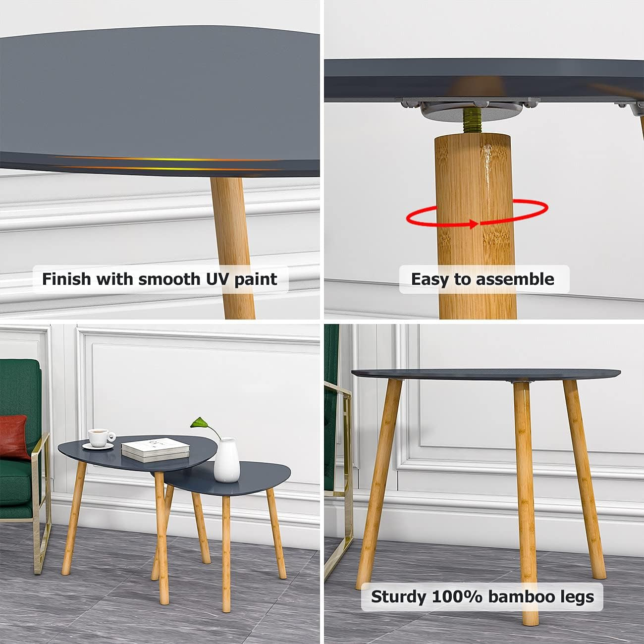 Nesting Table Set of 2 Bamboo End Table for Living Room Side Table for Bedroom Triangle Modern Coffee Table (Gray)