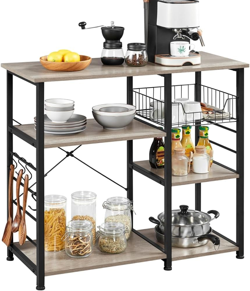 4-Tier Kitchen Baker'S Rack, Coffee Bar Microwave Stand Cart with Wire Basket & 6 Side Hooks, Kitchen Organizer Shelf for Spices/Utensils Foods, Rustic Brown