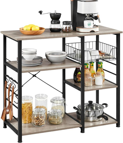 4-Tier Kitchen Baker'S Rack, Coffee Bar Microwave Stand Cart with Wire Basket & 6 Side Hooks, Kitchen Organizer Shelf for Spices/Utensils Foods, Rustic Brown