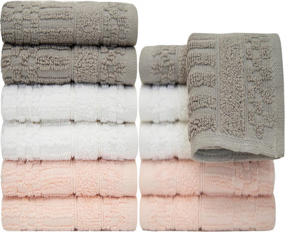 Diamond Wash Cloths Set - 12 Pack (12” X 12”) – 509 GSM - 100% Ring Spun Cotton Wash Cloth - Super Soft and Highly Absorbent Face Towels (Blush, White & Tan)