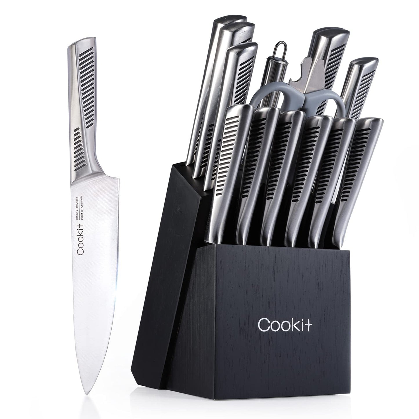 n-Slip German StainlessKitchen Knife Set, 15 Piece Knife Sets with Block, Chef Knives with No Steel Hollow Handle Cutlery Set with Multifunctional Scissors Knife Sharpener  Amazon Platform Banned