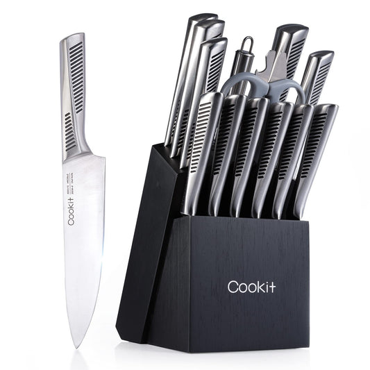 n-Slip German StainlessKitchen Knife Set, 15 Piece Knife Sets with Block, Chef Knives with No Steel Hollow Handle Cutlery Set with Multifunctional Scissors Knife Sharpener  Amazon Platform Banned