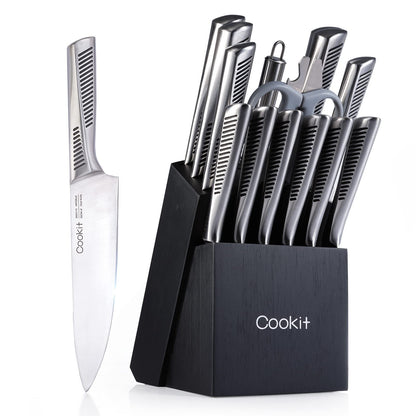 n-Slip German StainlessKitchen Knife Set, 15 Piece Knife Sets with Block, Chef Knives with No Steel Hollow Handle Cutlery Set with Multifunctional Scissors Knife Sharpener  Amazon Platform Banned