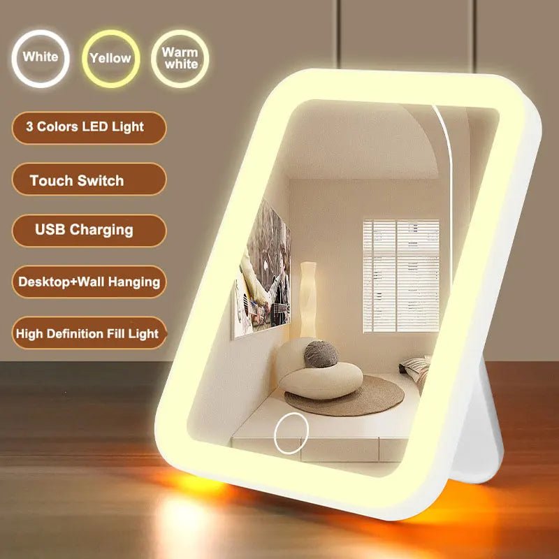 3 Colors LED Vanity Mirror with Touch Screen USB Rechargeable Dimming Makeup Mirror 3 Brightness Portable - RELUX.STORE