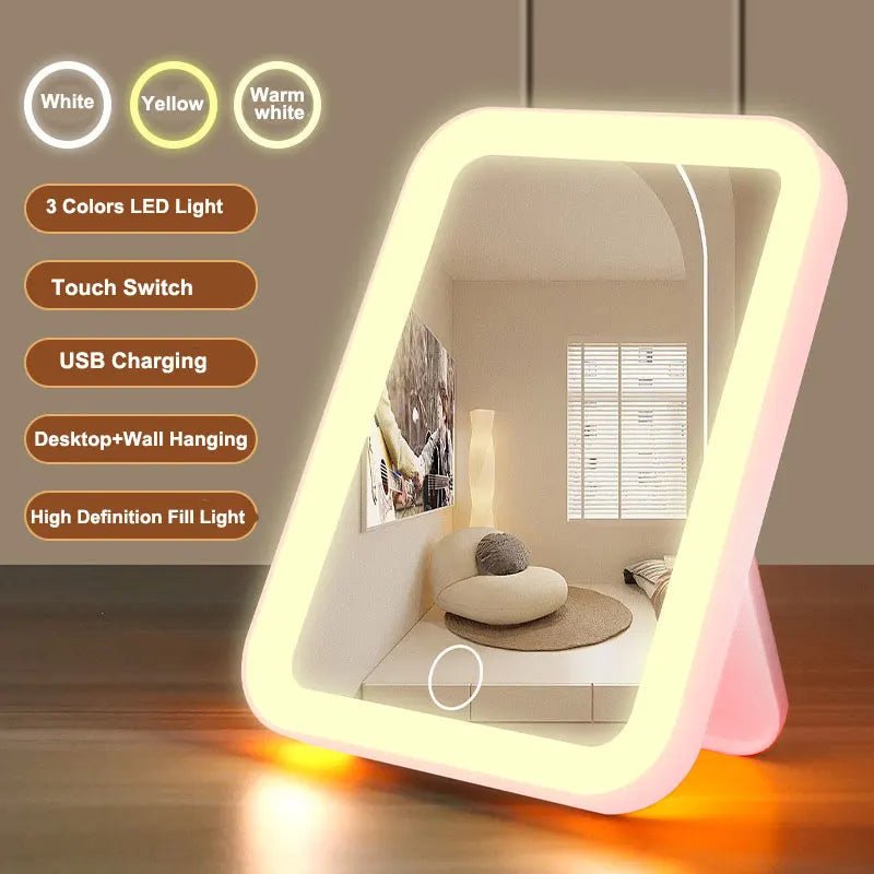 3 Colors LED Vanity Mirror with Touch Screen USB Rechargeable Dimming Makeup Mirror 3 Brightness Portable - RELUX.STORE