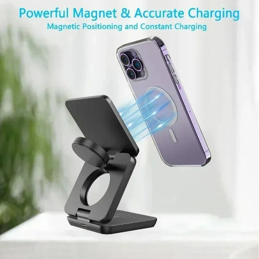 “3 - in - 1 Foldable Magnetic Wireless Charger Stand – Fast Charging Dock for iPhone 16/15/14/13 Pro Max, Apple Watch 10/9, & AirPods | Wireless Charging Station Holder” - RELUX.STORE