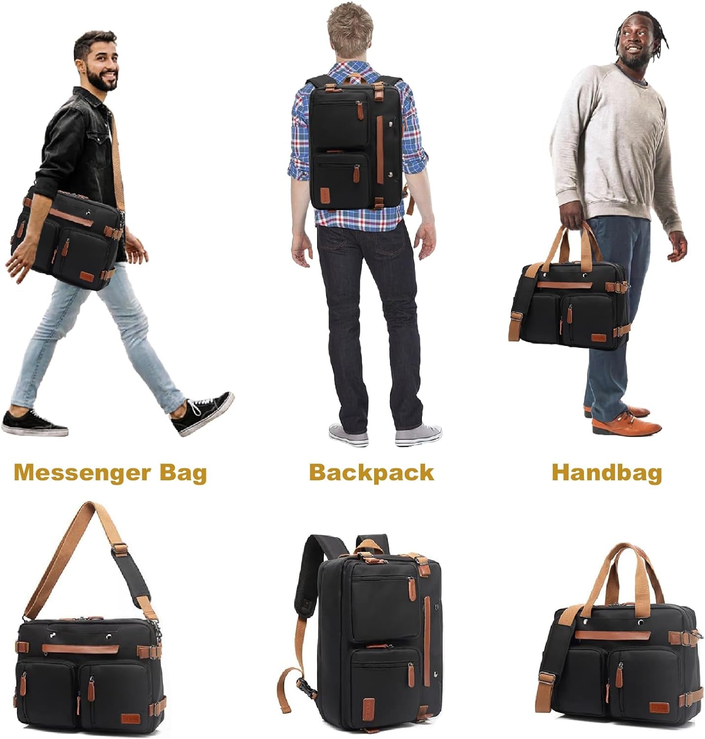 3 - in - 1 Laptop Bag for Men 17.3 Inch – Convertible Laptop Backpack, Briefcase & Messenger Bag | Waterproof Computer Work Bag for Men & Women, Professional Travel Business Bag (Black) - RELUX.STORE