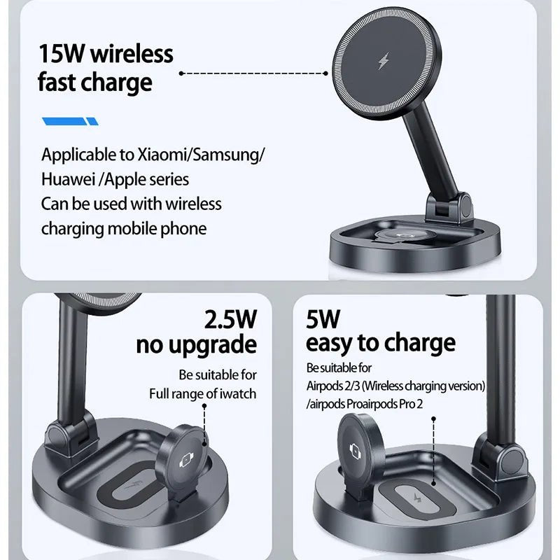 3 In 1 Magnetic Wireless Charger Stand Pad For Magsafe iPhone 16 15 14 13 12 Pro Max Apple Watch Airpods Fast Charging Station - RELUX.STORE