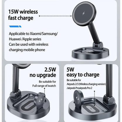 3 In 1 Magnetic Wireless Charger Stand Pad For Magsafe iPhone 16 15 14 13 12 Pro Max Apple Watch Airpods Fast Charging Station - RELUX.STORE