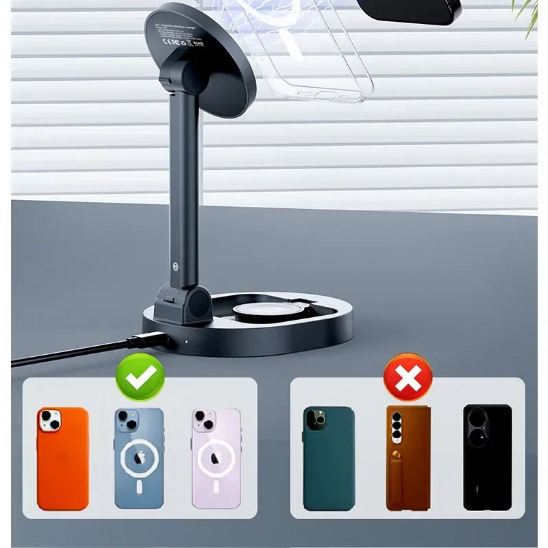 3 In 1 Magnetic Wireless Charger Stand Pad For Magsafe iPhone 16 15 14 13 12 Pro Max Apple Watch Airpods Fast Charging Station - RELUX.STORE