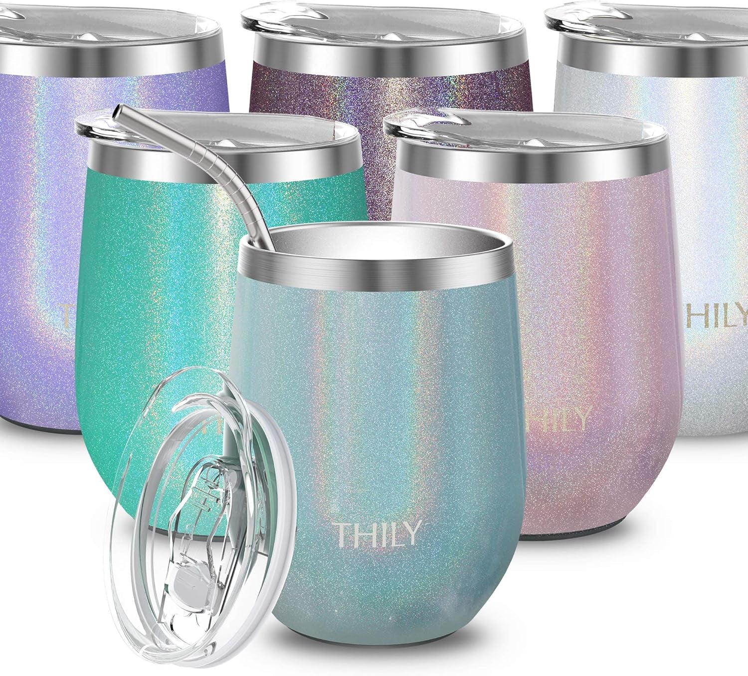 12Oz Insulated Stainless Steel Wine Tumbler with Sliding Lid & Straw - Stemless Travel Cup for Coffee, Cocktails, Beer - Cold Drinks - Glitter White