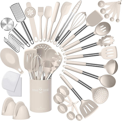 Silicone Kitchen Cooking Utensil Set, 43 Pcs Silicone Spatula with Stainless Steel Handle, Non-Stick Heat Resistant - Best Cookware (Grey)