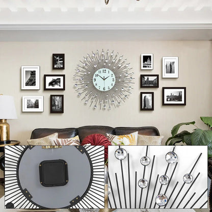 "3D Large Metal Sunburst Wall Clock – Luxury Modern Round Diamond Design, Battery Operated Home Décor for Living Room, Bedroom & Office" - RELUX.STORE