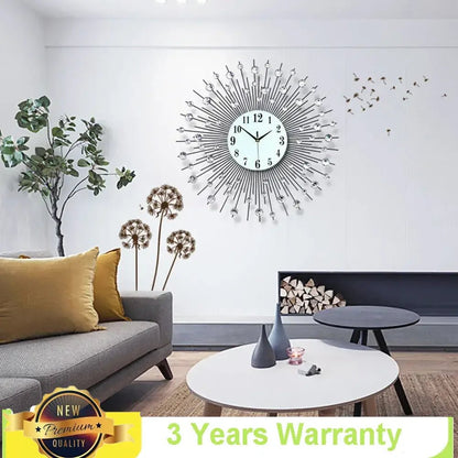 "3D Large Metal Sunburst Wall Clock – Luxury Modern Round Diamond Design, Battery Operated Home Décor for Living Room, Bedroom & Office" - RELUX.STORE